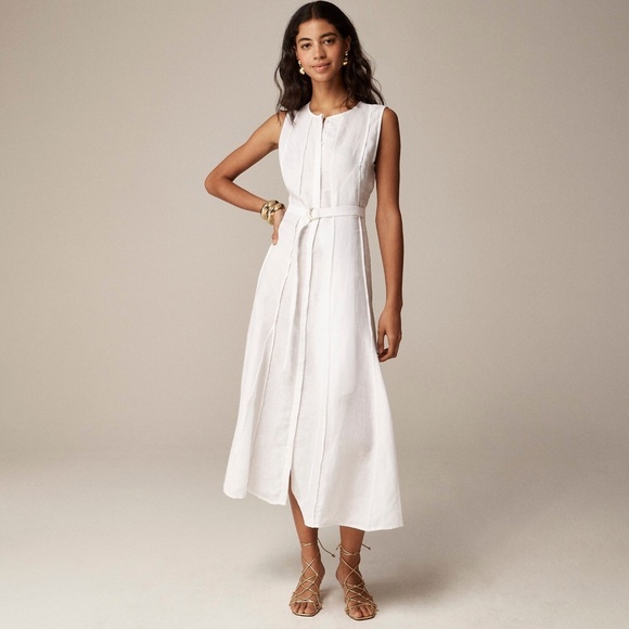 New J.Crew Size XL Seamed Linen Dress with Removable Belt White $248 CA671 - Picture 1 of 6